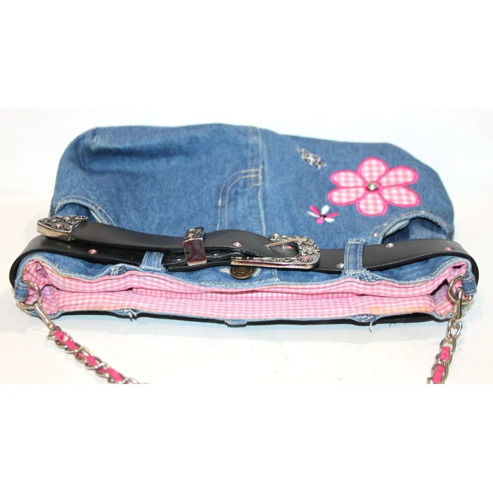 Denim Jean Purse Belt Key Chain Pink Flower Embellished Y2K Shoulder Trendy Bag